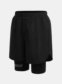 SHEIN Tween Boys' Anti-Flasher Knit Shorts With Woven Printed Pattern, Casual Sports Shorts - Black - View 5