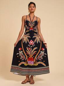 Travachic Women's Palm Tree Print Casual Cami Midi Dress For Vacation,Tropical Print Midi Dress,