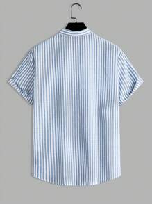 Manfinity RelaxMax Men's Stripe Printed Patch Pocket Front Button Casual Short Sleeve Shirt - Blue - View 2