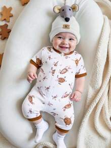 Pelele de manga corta con cremallera frontal y estampado de tortuga, con puños y piernas de contraste para bebés niños, mono casual