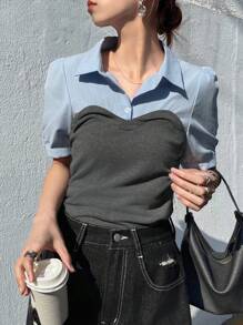 FRIFUL Camicia da donna con maniche a palloncino e blocchi di colore 2 in 1