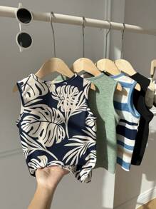 4pcs/Set Young Boy Summer Casual Versatile Comfortable Palm Tree,Leaf,Dinosaur Striped Print Round Neck Sleeveless Loose Knitted Top For School,Daily - Multicolor - View 2