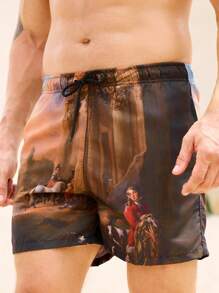 Manfinity Men's Summer Portrait Pattern Drawstring Waist Beach Shorts