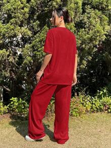 SHEIN EZwear Summer Knitted Textured Relaxed Fit T-Shirt And Loose Pants Casual Set - Red - View 2