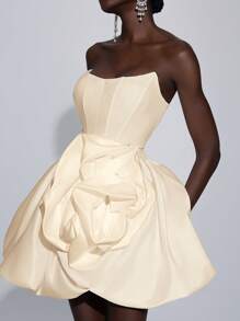 Elitara Elegant Satin Cropped Bustier, Basque Low Waist 3D Rose Tulle Dress, Adjustable Backstrap, New Year Gift Party Gown, Bride,Birthday Dress