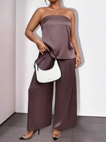 SHEIN LUNE Plus Size 2pcs Set Crop Top & Plain Color Pants, Minimalist & Fashionable For Summer - Purple - View 1
