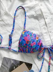 SHEIN Sweetro 1 pieza Top de traje de baño de verano con estampado floral diminuto y ajustable para mujeres de talla grande