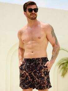 Manfinity Swimmode Pantalones cortos de playa de hombre con estampado de cadena y cordón para ajuste en la cintura