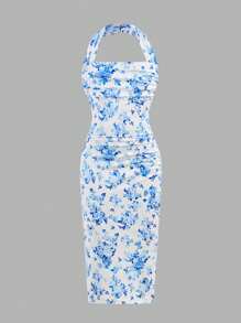 SHEIN Girlism 青少年女孩休闲简约系带碎花束腰无袖连衣裙 - 藍色 - 查看 3