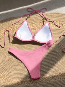 SHEIN Swim 纯色粉色比基尼泳装，适合夏季海滩度假 - 藕粉色 - 查看 2
