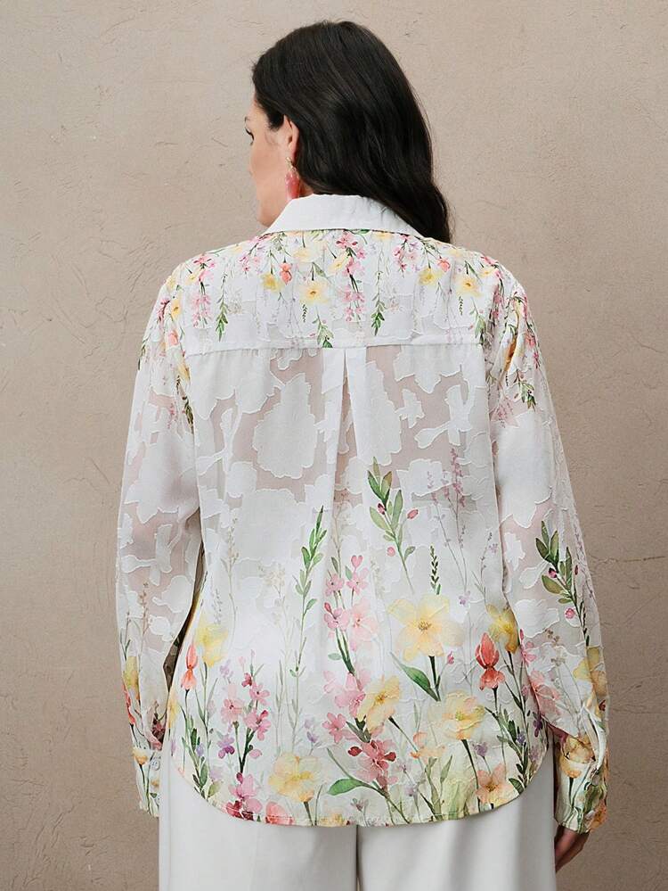 Ladies' Plus Size Woven Digital Positioning Printed Fashionable White Long Sleeved Shirt
