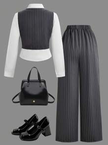 SHEIN Casuvi Kids Teen Girls Preppy Style Casual Elegant Y2K Vest, Blouse, And Pants Set, Fashionable And Versatile, Perfect For Fall And Spring And Winter