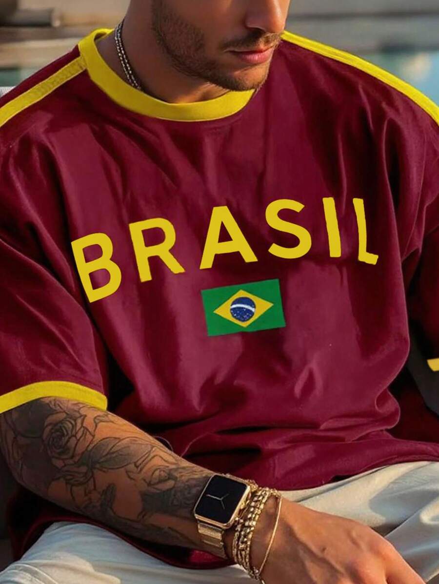 Manfinity Homme Men's Casual Colorblock Letter Print Short Sleeve T-Shirt, Summer - Multicolor - View 1