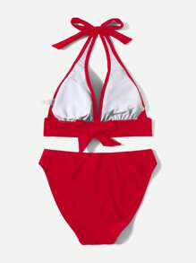 SHEIN Swim Costumi da bagno a due pezzi per donne, con top a incrocio sulla schiena, colore unito, sexy, per l'estate e la spiaggia - Rosso - Visualizzare 2