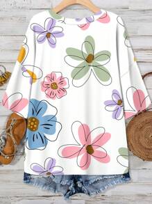 EMERY ROSE Dopamine Themed Floral Print Loose Casual Plus Size T-Shirt, Suitable For Summer Suitable For Going Out