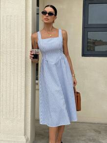 Siren Gaze Women's Summer 100% Cotton Blue Striped Square Neck Sleeveless Long Dress Daily Commuter Wear    Dresses For Women  Summer Outfits For Women  Beach Outfits For Woman  Vacation Outfits Woman  Western Wear Women    Work Summer Dresses Woman S Summer Clothes