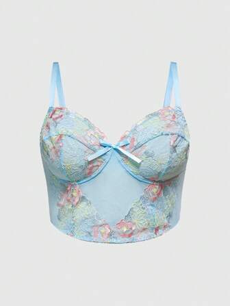 Kawaii Plus Size Delicate Embroidered Floral Bustier With Wire, High-Waist Vacation Style