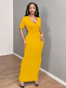 SHEIN SXY 女士纯色 V 领紧身短袖连衣裙 Hoco Dresses - 黃色 - 查看 7