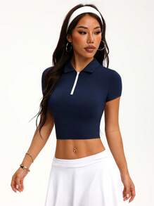 Gameset SHEIN Sport Women's Zip Placket Cropped Fitted Short Sleeve Sports Polo Shirt - Blue - View 5