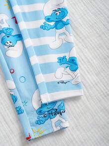 The Smurfs X SHEIN Ensemble Top manches courtes décontracté à épaules tombantes et pantalon rayé bleu pour jeune garçon, motif de bande dessinée