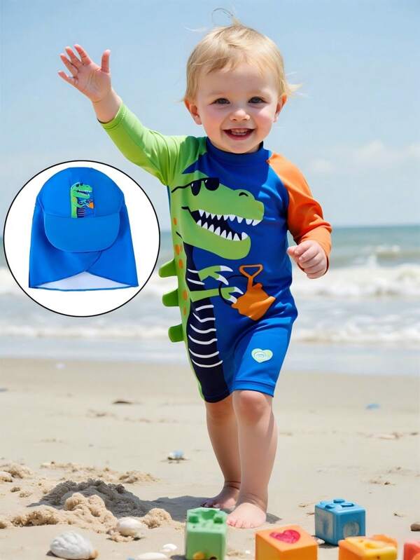 Traje de baño de una pieza con capucha de manga larga para niños pequeños/bebés, con estampado de dibujos animados para playa/natación