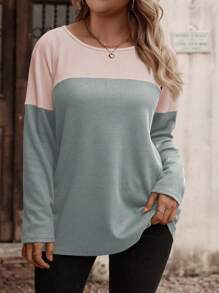 INAWLY Women Plus Size Crew Neck Long Sleeve Color Block T-Shirt With Button Decor, Plaid Texture Fabric, Autumn/Winter Graphic Tees Women Tops For Spring - Multicolor - View 4