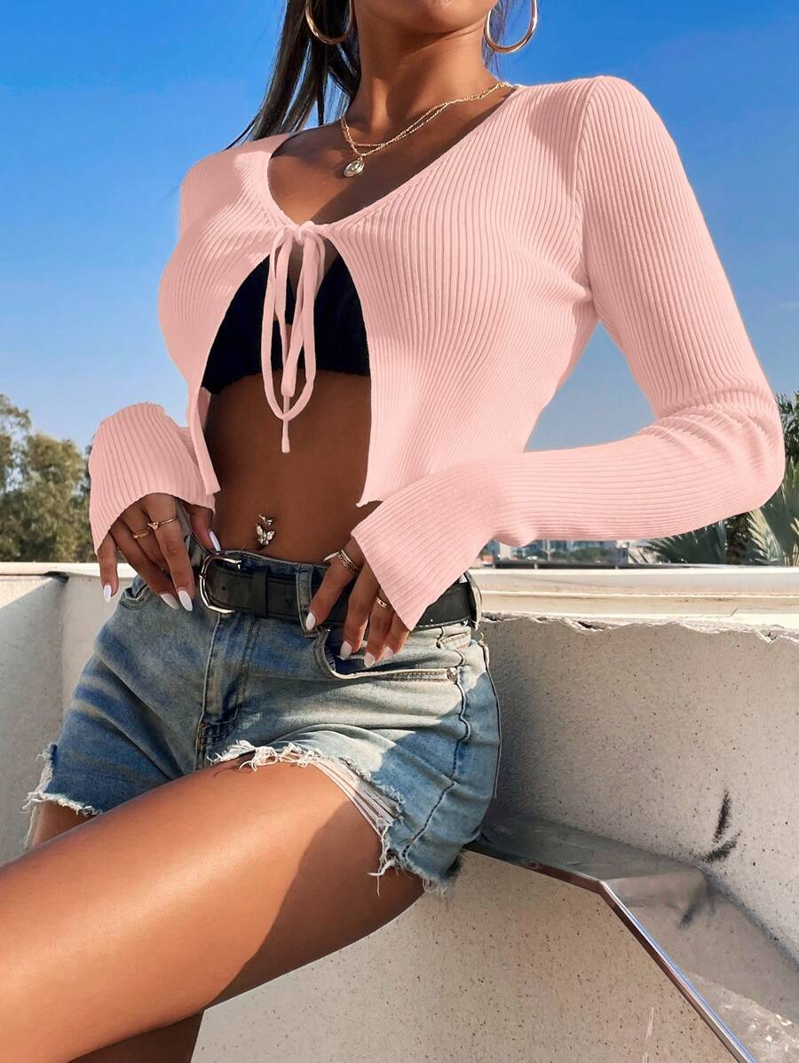 Chiquease Solid Color Ribbed Twist Front Long Sleeve Cardigan, Casual For Summer Fall Winter Cloth For Women - Pink - View 1