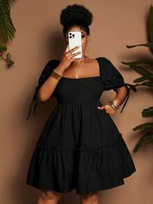 Maweii Robe d'été unie à volants avec nœud sur le dos grande taille