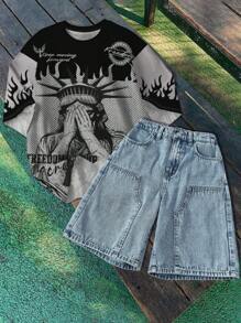 SHEIN سروال جينز كاجوال فضفاض بتصميم Y2k ذو قدم واسعة للأولاد المراهقين، بتصميم أزرق فاتح، ملابس أطفال مناسبة للبس اليومي وفصل الصيف والربيع