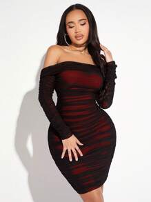 SHEIN SXY Váy mini xếp ly dài tay trễ vai cho nữ, phong cách tối giản - Màu Đỏ Sâu - Xem 6