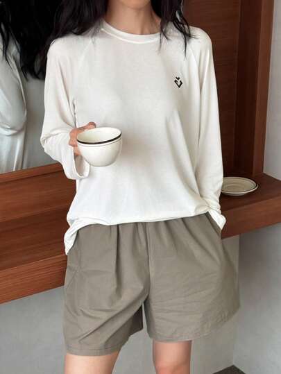 DAZY 简约图案印花插肩袖T恤和纯色短裤两件套女士休闲睡衣套装
