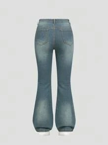 Y2K Fashion Versatile Popular Heavy Washed Elastic Flare Jeans For Teenage Girls - Medium Wash - View 2