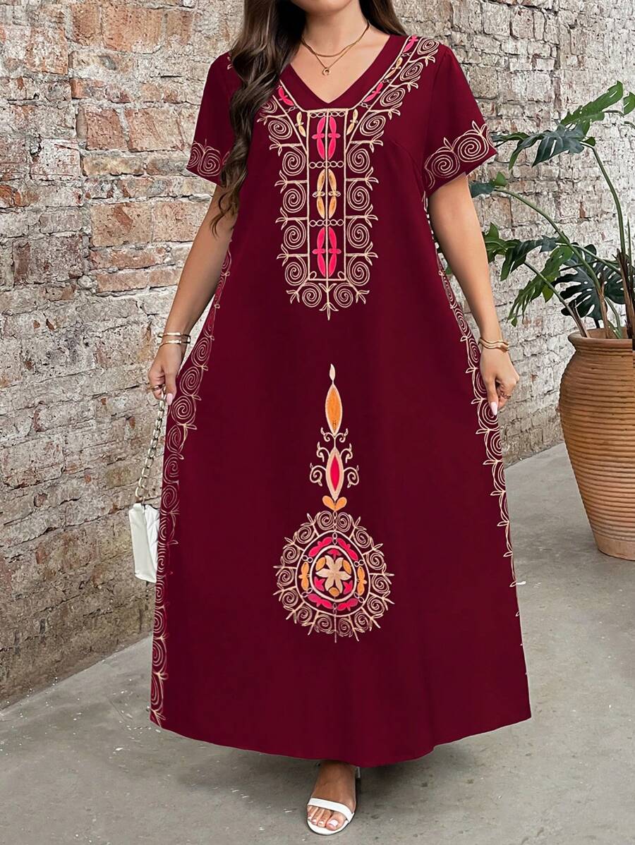 SHEIN Clasi 大码女式印花圆领短袖连衣裙,优雅日常穿着 - 彩色 - 查看 1