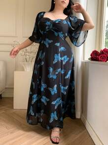 Feyla Plus Size Women Butterfly Print Sweetheart Neck Raglan Short Sleeve Elegant Midi Dress Women Plus Sun Dress - Multicolor - View 5