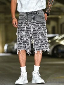 Manfinity LEGND 男士时尚街头风格破洞磨边口袋直筒牛仔短裤 - 灰色 - 查看 3