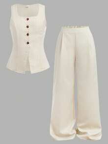 Firerie Kids Firerie Kids 2件套女童亚麻质感条纹吊带背心+裤子，可爱休闲日常时尚百搭 - 杏色 - 查看 12