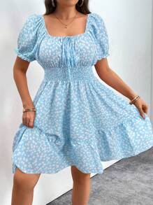 Flirla Plus Size Short Sleeve Square Neck Dress, Fashionable For Summer - Baby Blue - View 4
