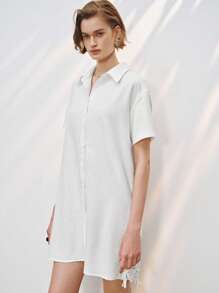 Lumivelle Women's Solid Color Lace Patchwork Short Shirt Dress - White - View 6