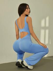 SHEIN PETITE Summer Solid Color Hollow Out Flare Skinny Jumpsuit