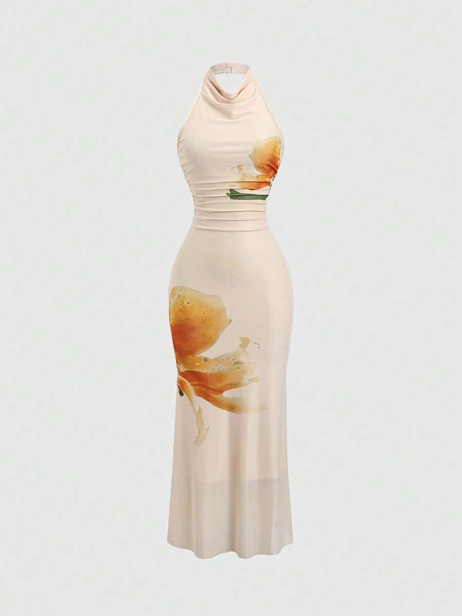 Sweetra Robe de tous les jours et de vacances élégante à motif floral en maille avec drapé ajusté et sans manches, style européen et américain, pour l'été - Jaune clair - Voir 1