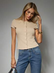 Forever 21 女式简约纯色纽扣短袖衬衫，夏季 - 卡其色 - 查看 4