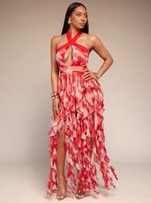 Vixey Large Floral Chiffon Front Cut Out Halter Neck Ruffle Hem Maxi Top, Wedding Guest Dress Women, Tea Party Dress