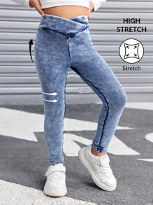 SHEIN 年轻女孩的 Y2K 蓝色牛仔弹力紧身牛仔裤，柔软舒适的针织牛仔紧身裤