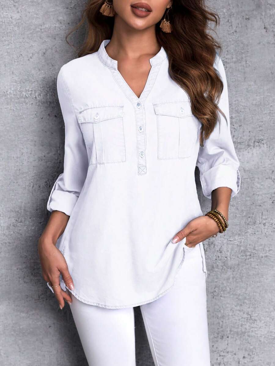 EMERY ROSE Women's V-Neck Button Half-Placket Roll-Up Sleeve Casual Denim Blouse - White - View 1