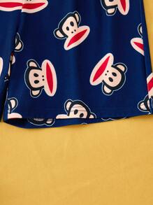 Paul Frank X SHEIN Tween Boy Cartoon Monkey Printed Navy Blue Casual Short Sleeve Button-Up Shirt And Loose Shorts Flame Resistant Pajama Set - Navy Blue - View 4
