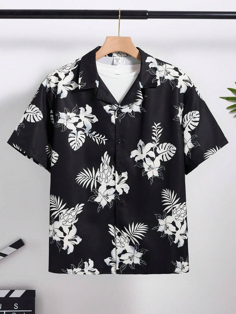 SHEIN Tropical Plant Print Hawaiian Shirt For Teen Boys, Casual College Style, Comfortable & Fashionable, Versatile & Practical, Soft Fabric, Suitable For Daily Wear, School, Travel, Outdoor Activities, Beach Vacation, Spring/Summer - Black - View 1
