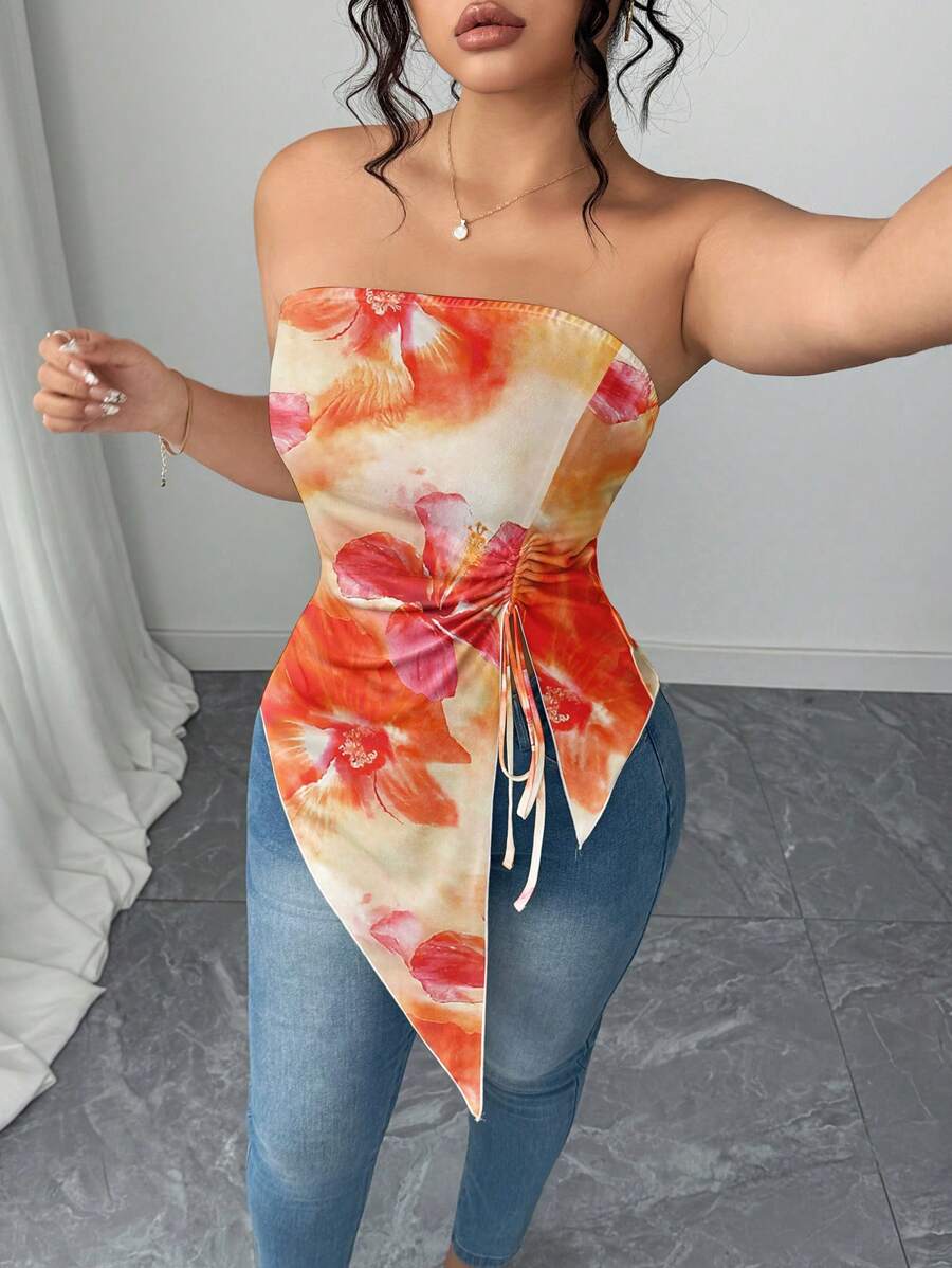 Elenzga 大码女式假日度假风格针织抹胸不对称下摆扎染印花休闲短款上衣