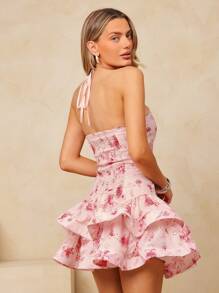 L'Amorae Elegant Pink Eyelet Halter Neckline Ruffle Hem Detail Mini Summer Sun Dress, Summer Outfits For Women, Brunch Outfits For Women - Multicolor - View 3