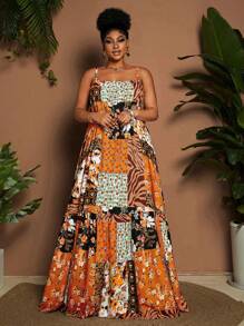 Maweii Vestido casual de vacaciones con estampado completo, volante en el bajo y tirantes de espagueti para tallas grandes