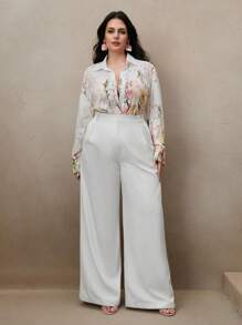 Anewsta Ladies' Plus Size Woven Digital Positioning Printed Fashionable White Long Sleeved Shirt - Green - View 3